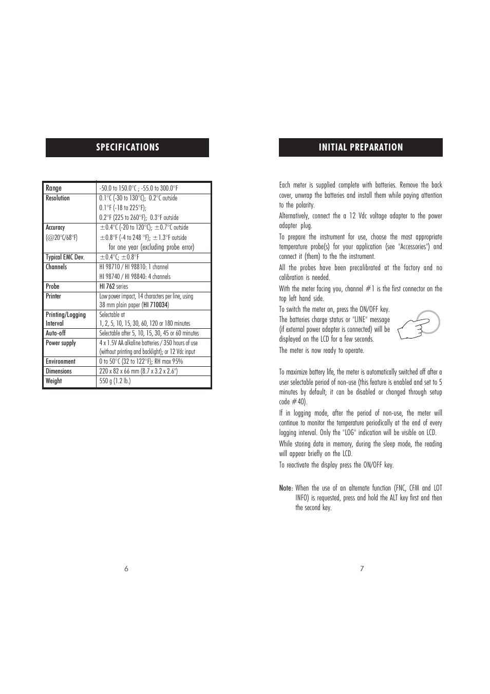 Specifications, Initial preparation | Hanna Instruments HI 98710 User Manual | Page 4 / 15