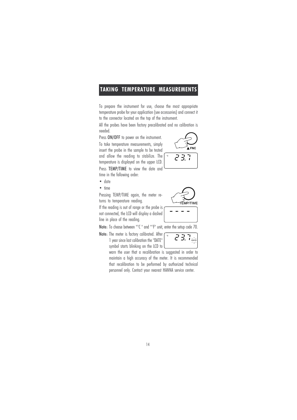 Taking temperature measurements | Hanna Instruments HI 98811 User Manual | Page 14 / 28