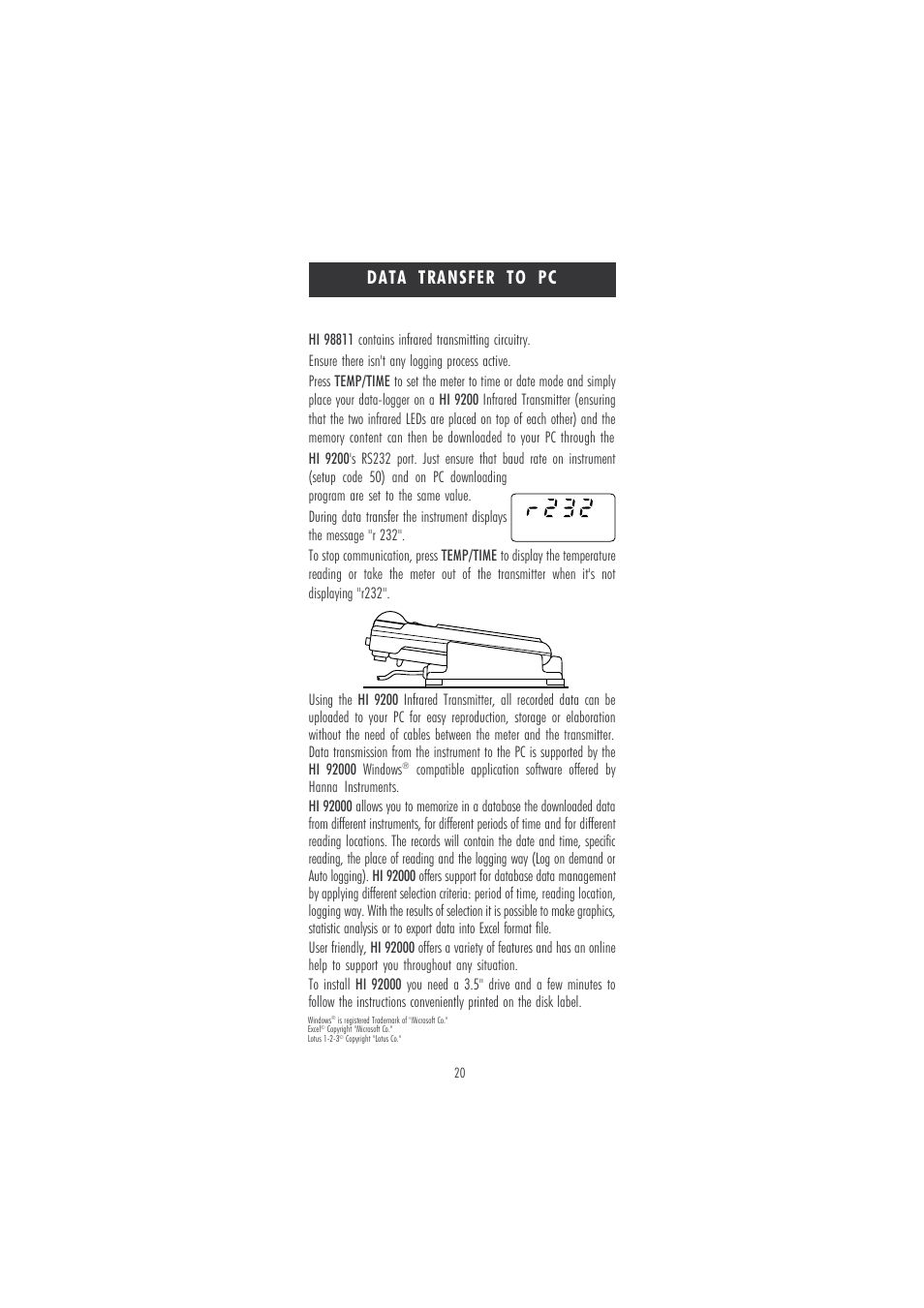 Data transfer to pc | Hanna Instruments HI 98811 User Manual | Page 20 / 28