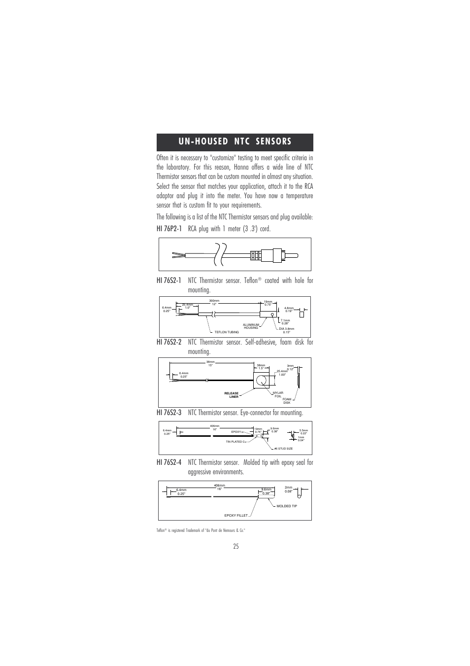 Un-housed ntc sensors | Hanna Instruments HI 98811 User Manual | Page 25 / 28