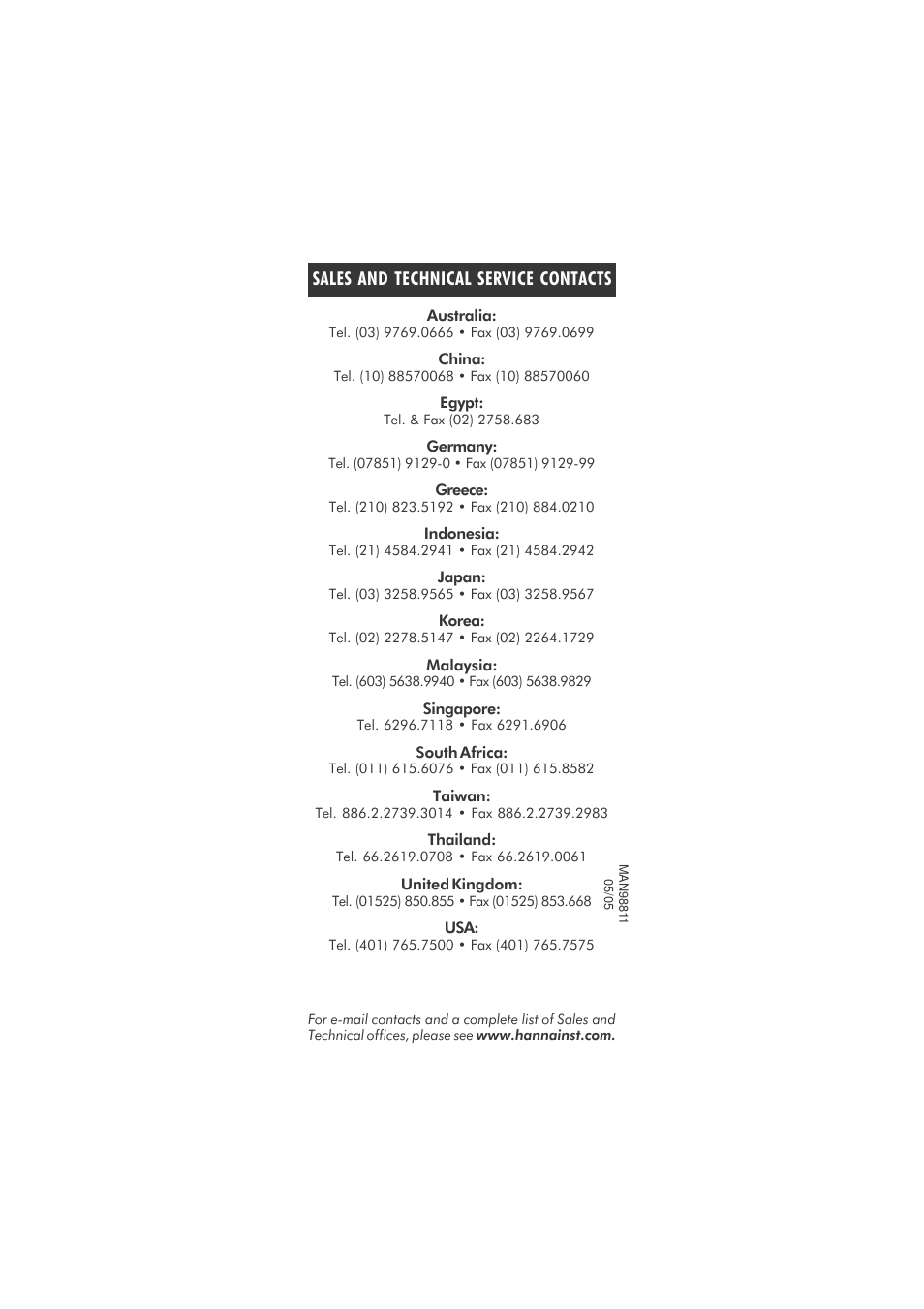 Sales and technical service contacts | Hanna Instruments HI 98811 User Manual | Page 28 / 28