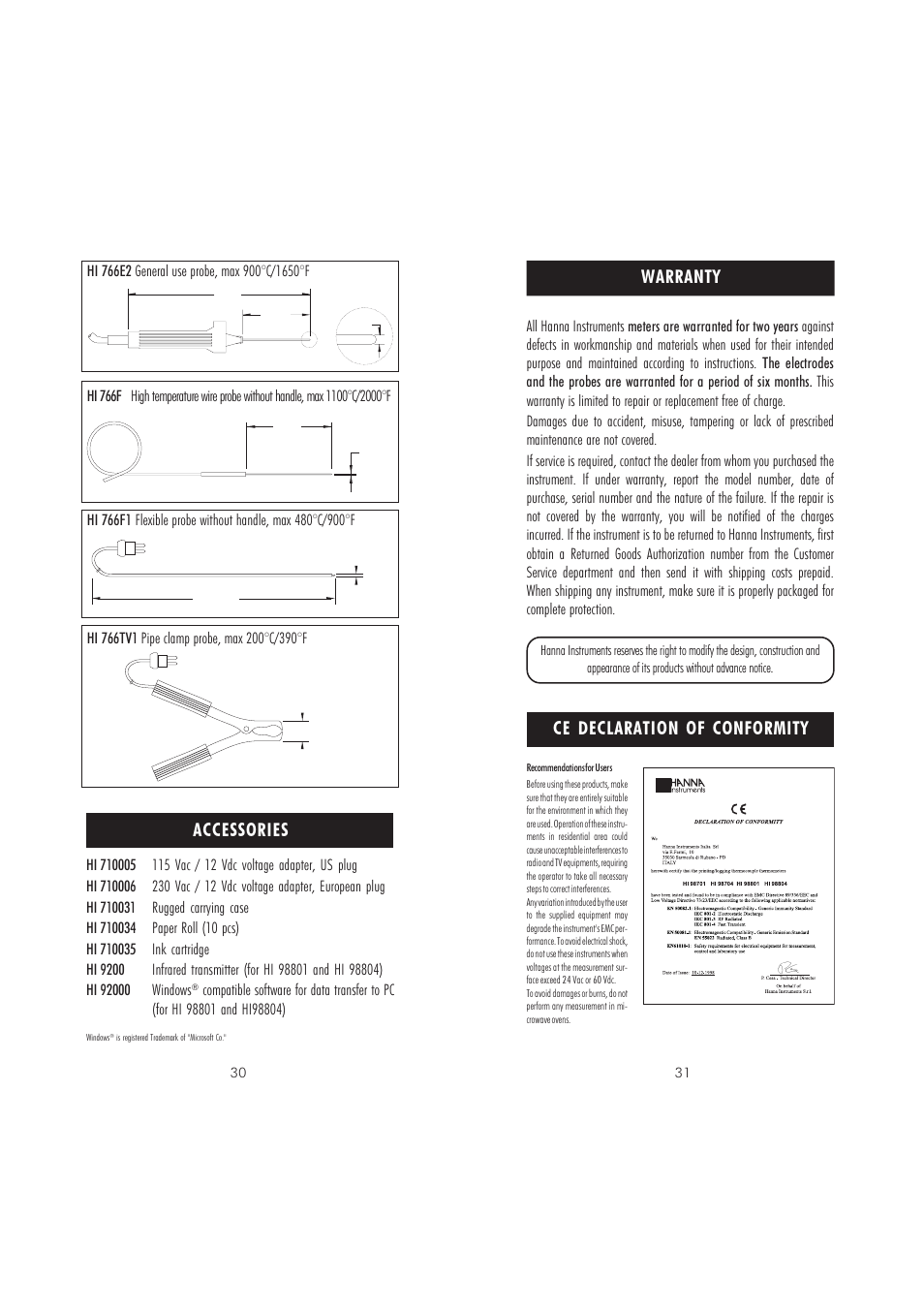 Warranty ce declaration of conformity, Accessories | Hanna Instruments HI 98701 User Manual | Page 16 / 17