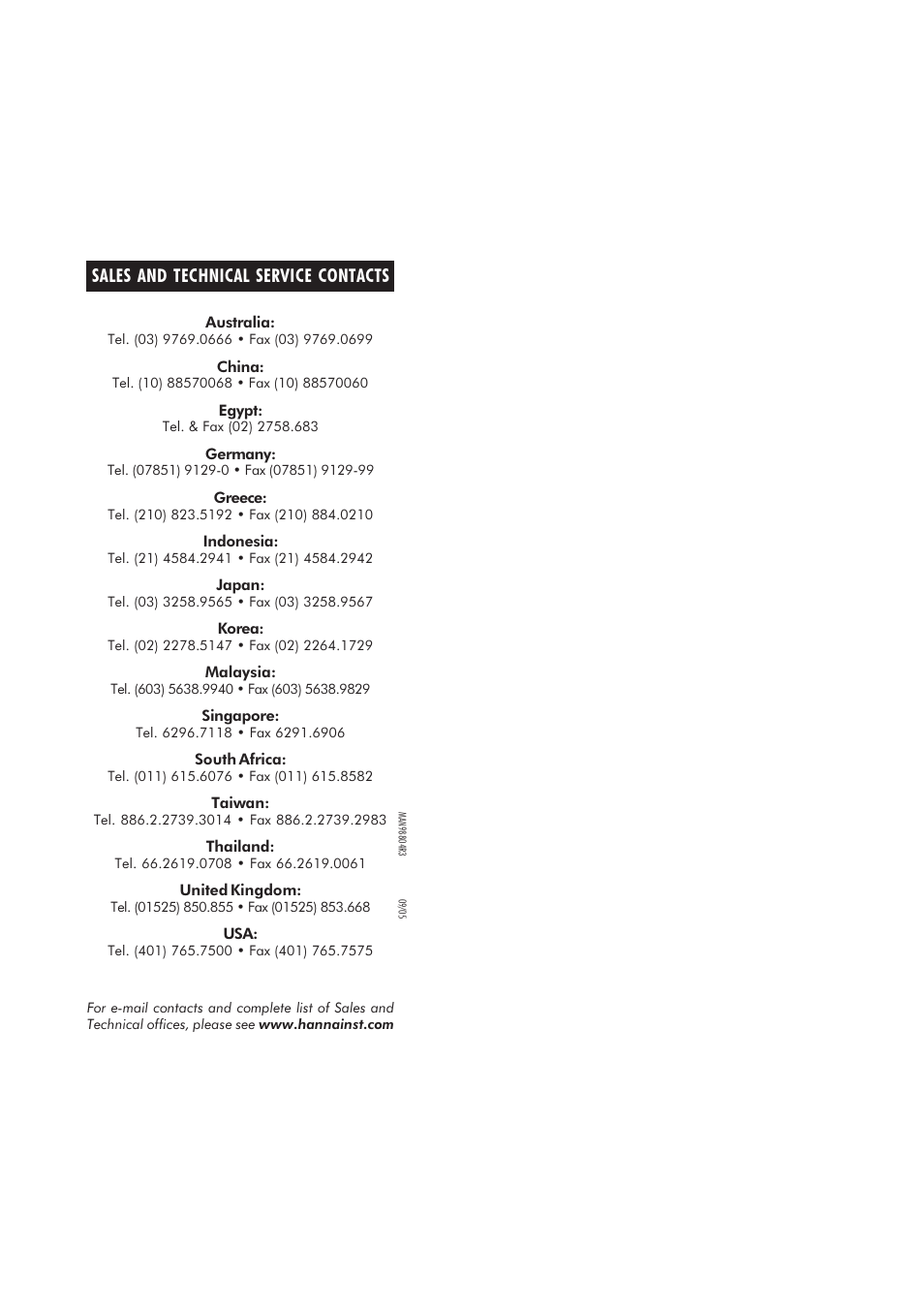 Sales and technical service contacts | Hanna Instruments HI 98701 User Manual | Page 17 / 17