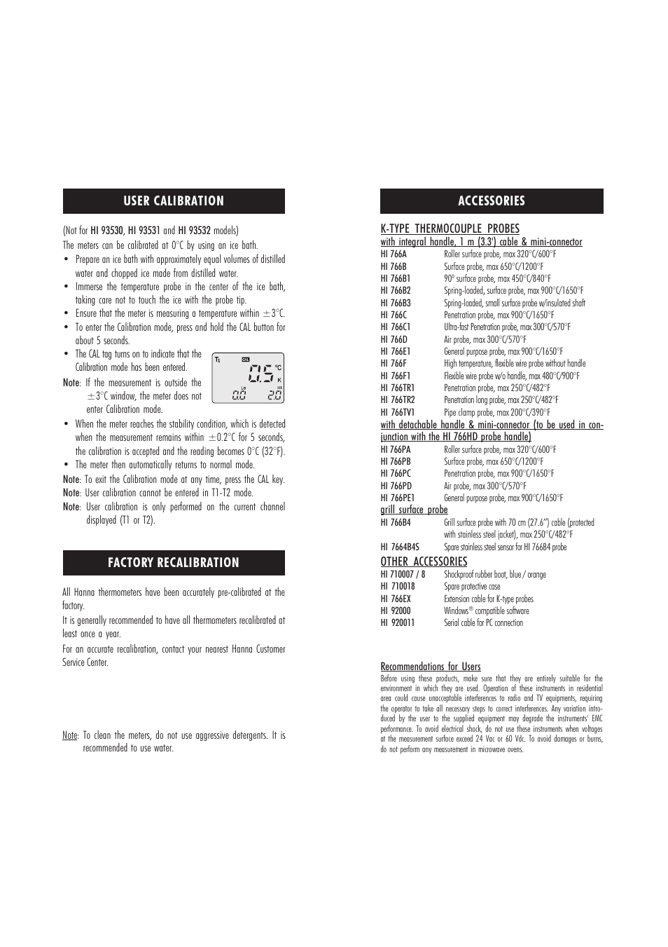 Accessories, User calibration, Factory recalibration | Hanna Instruments HI 93530 User Manual | Page 10 / 11