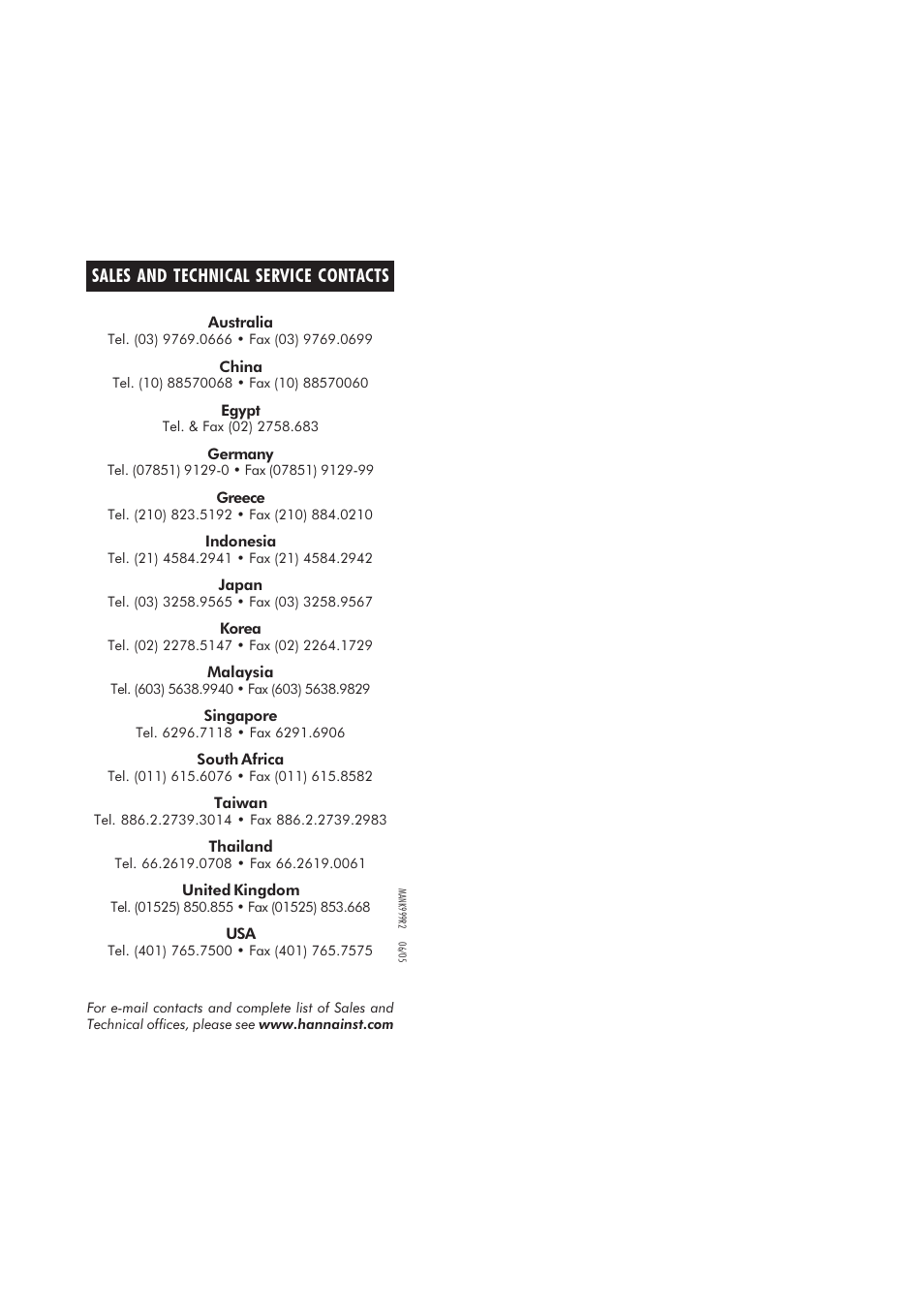 Sales and technical service contacts | Hanna Instruments HI 93530 User Manual | Page 11 / 11