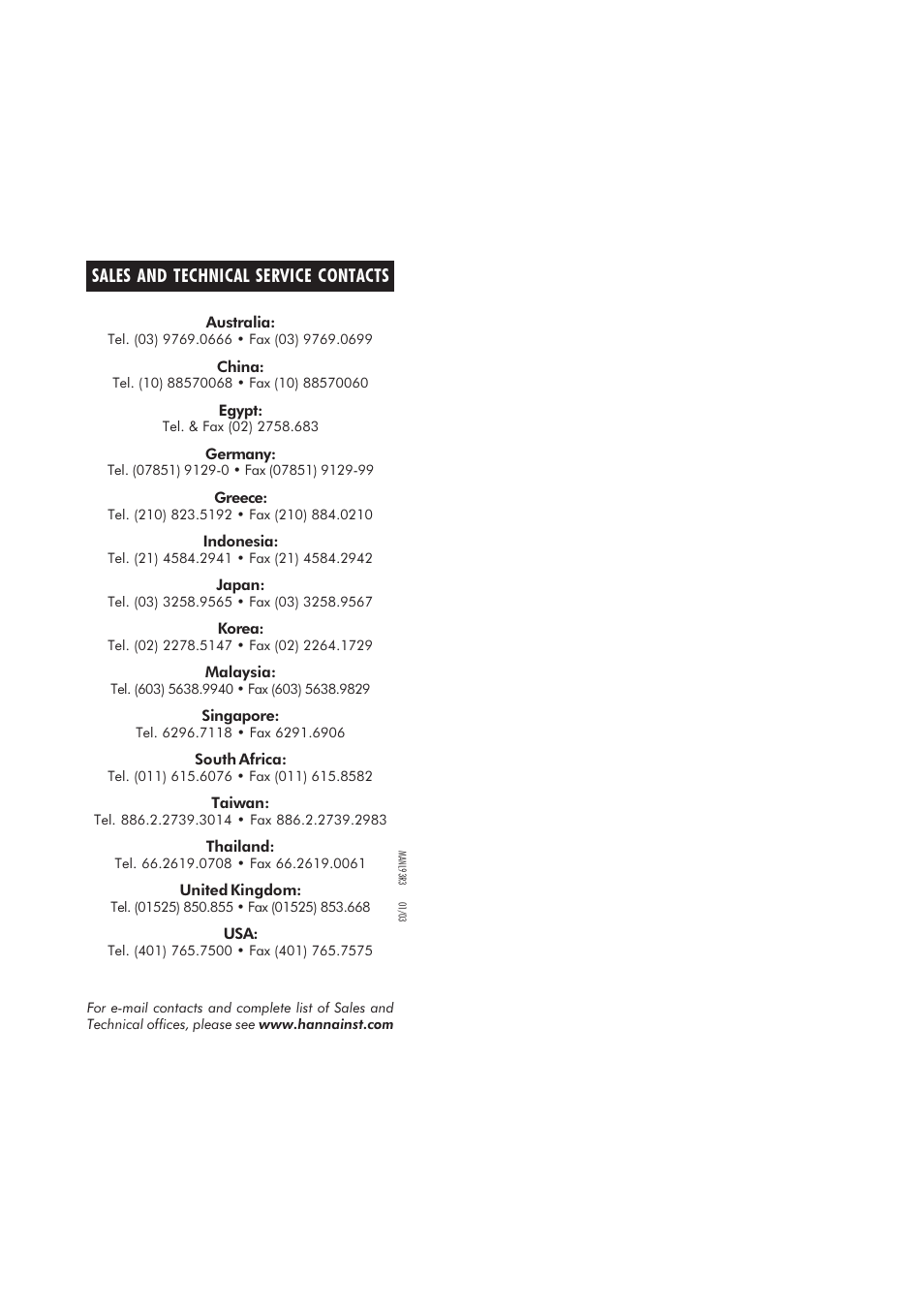 Sales and technical service contacts | Hanna Instruments HI 93510 User Manual | Page 9 / 9