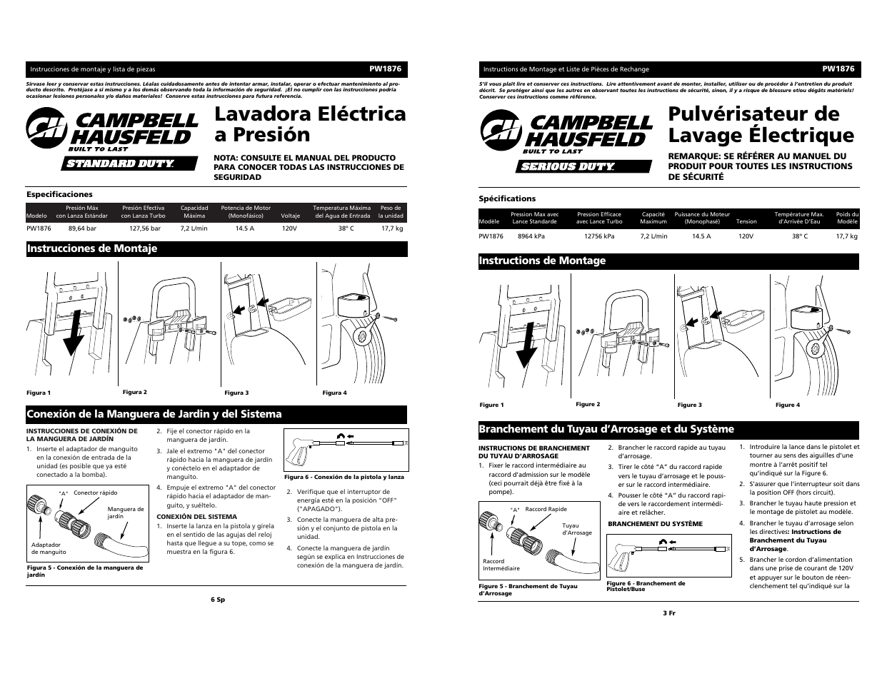 Lavadora eléctrica a presión, Pulvérisateur de lavage électrique, Instrucciones de montaje | Conexión de la manguera de jardin y del sistema, Instructions de montage, Branchement du tuyau d’arrosage et du système | Campbell Hausfeld PW1876 User Manual | Page 3 / 4