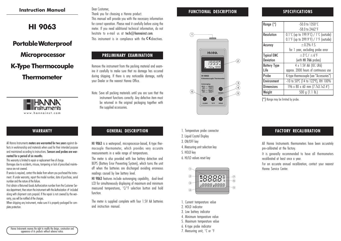 Hanna Instruments HI 9063 User Manual | 2 pages