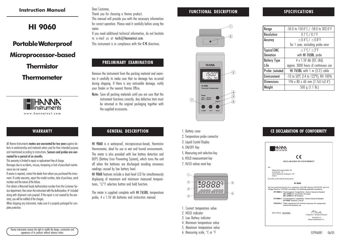 Hanna Instruments HI 9060 User Manual | 2 pages