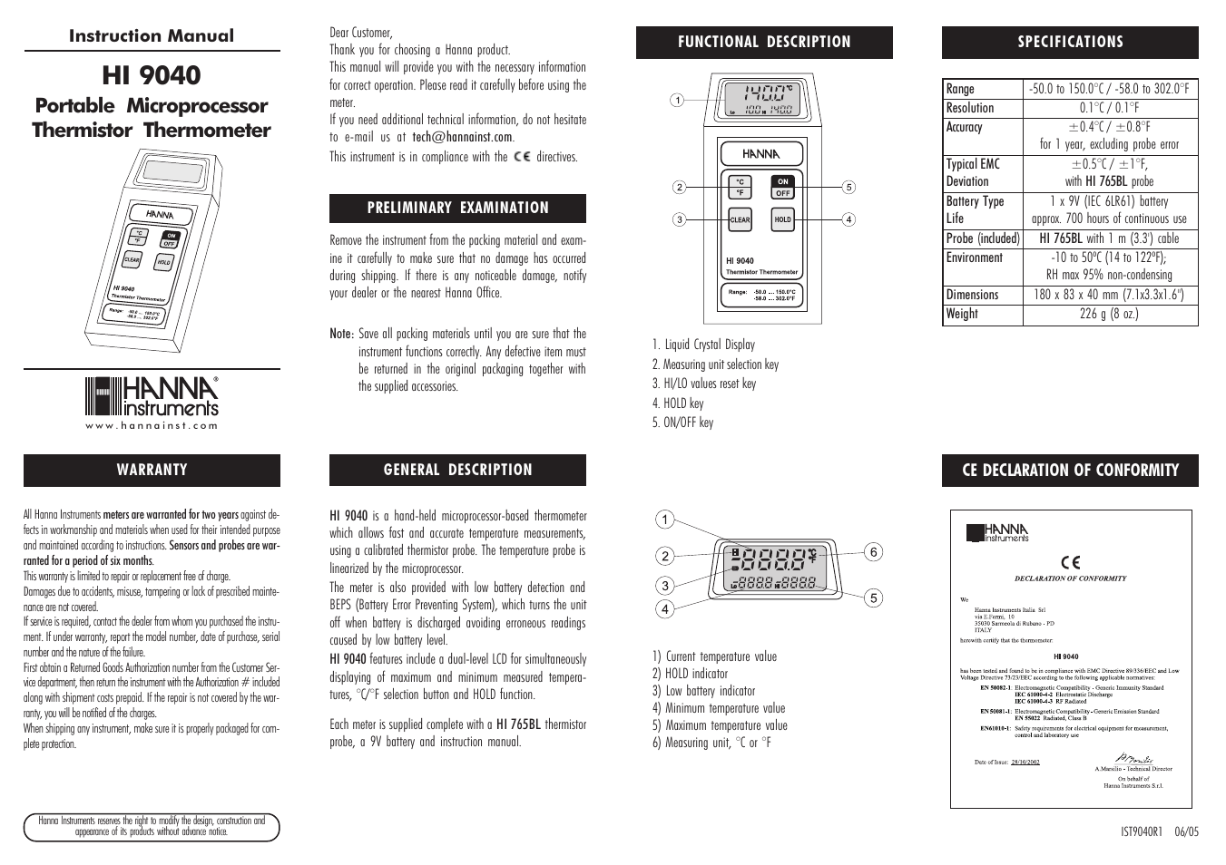 Hanna Instruments HI 9040 User Manual | 2 pages