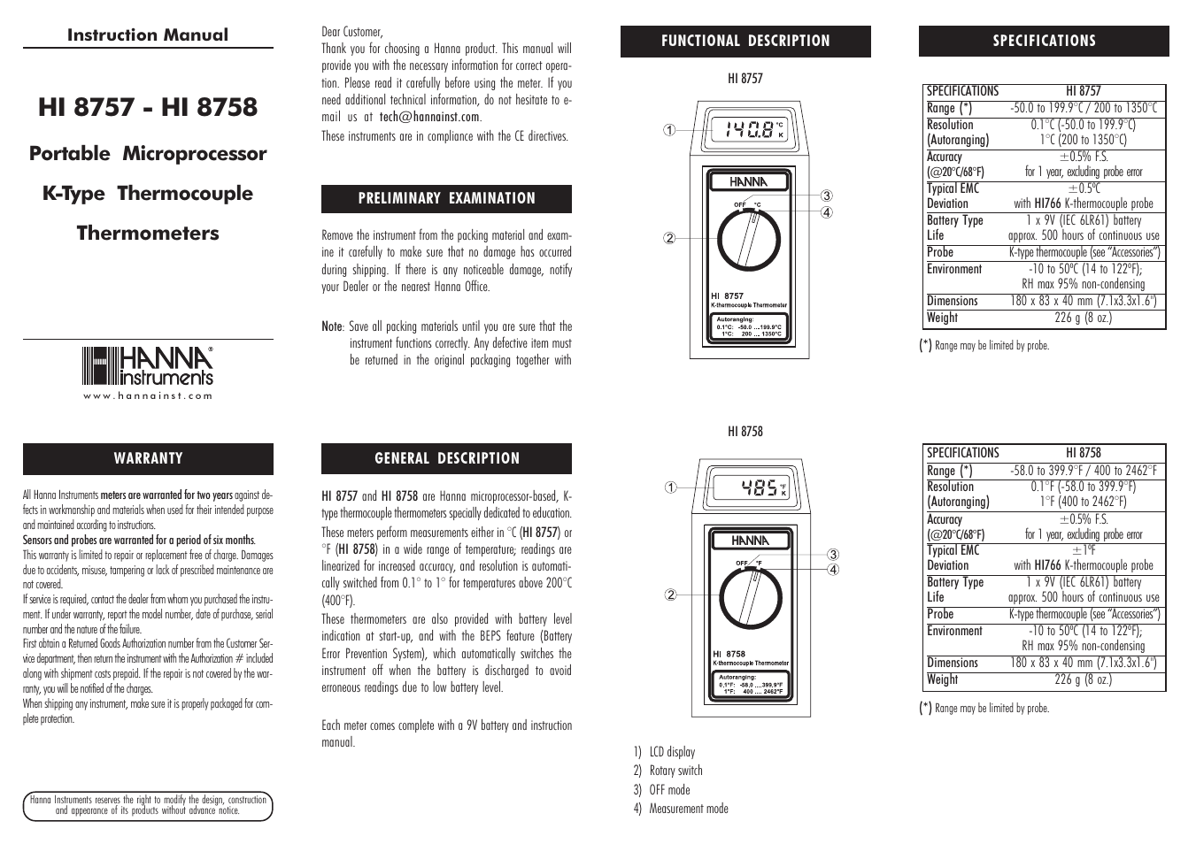 Hanna Instruments HI 8757 User Manual | 2 pages