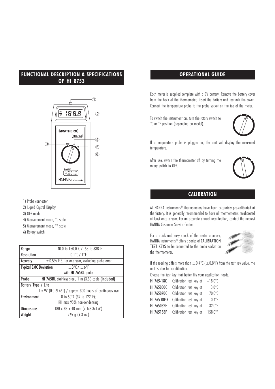 Operational guide, Calibration, Functional description & specifications of hi 8753 | Hanna Instruments HI 8751 User Manual | Page 4 / 7