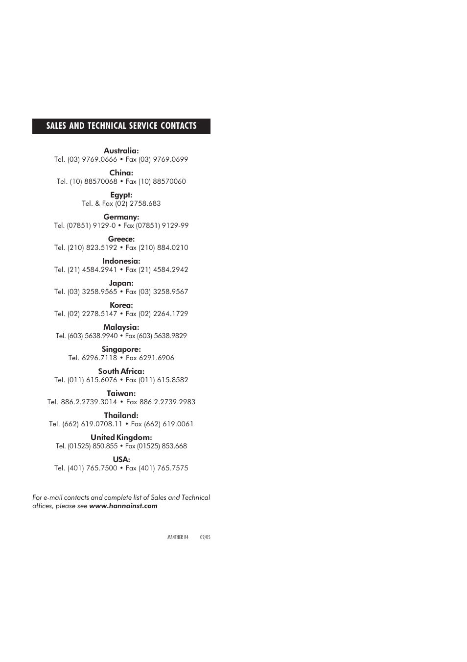 Sales and technical service contacts | Hanna Instruments HI 8751 User Manual | Page 7 / 7