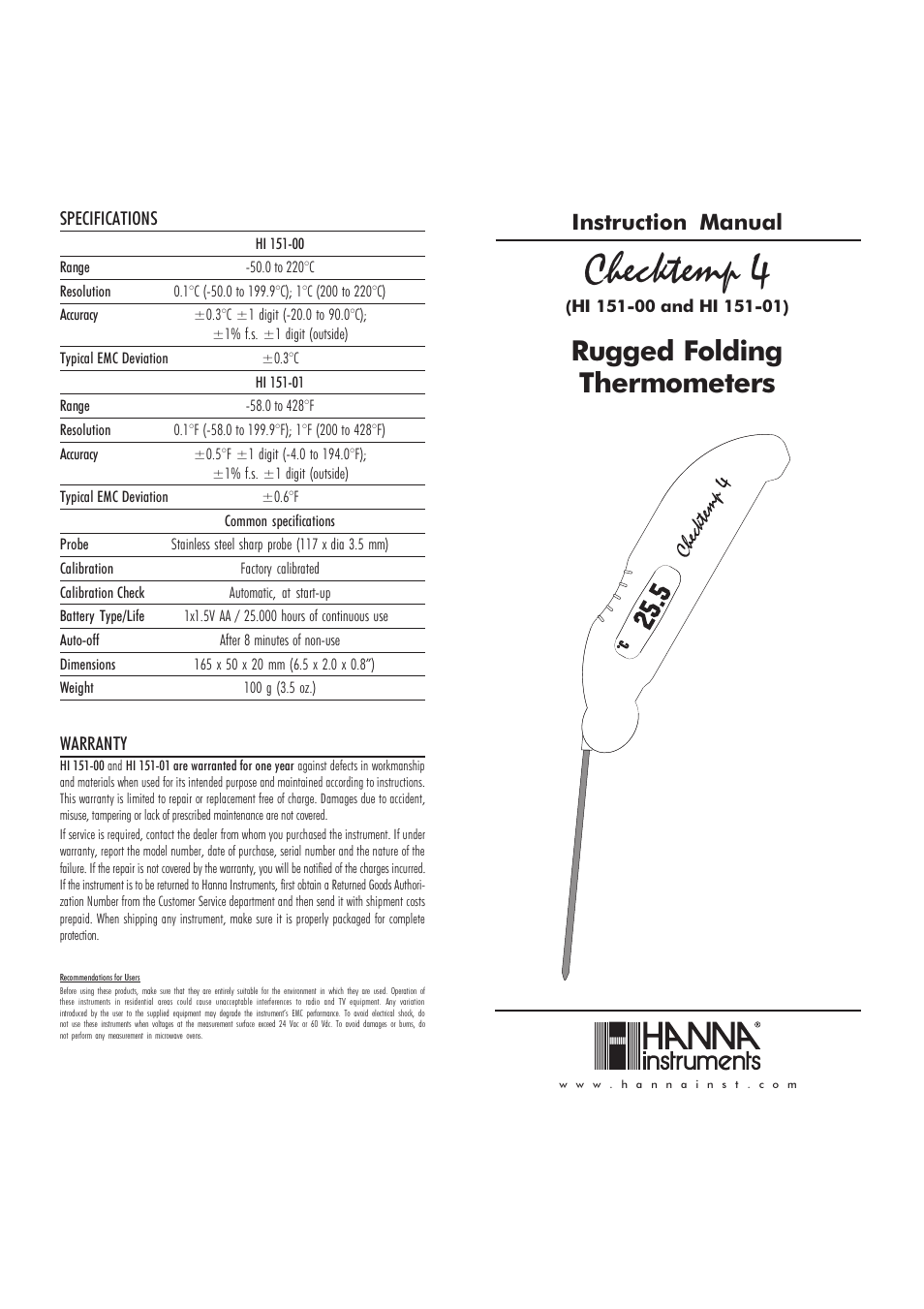 Hanna Instruments HI 151-00 User Manual | 2 pages