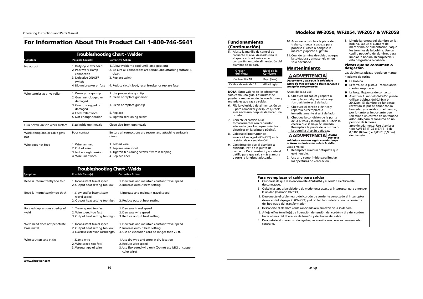 Advertencia, Troubleshooting chart - welder, Troubleshooting chart - welds | Campbell Hausfeld WF2058 User Manual | Page 10 / 20