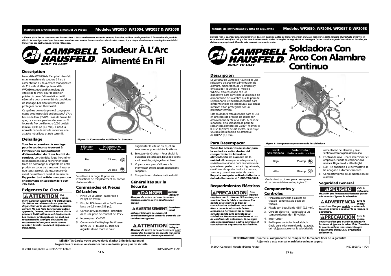 Soldadora con arco con alambre continuo, Soudeur à l’arc alimenté en fil, Peligro | Attention, Precaucion, Danger | Campbell Hausfeld WF2058 User Manual | Page 14 / 20