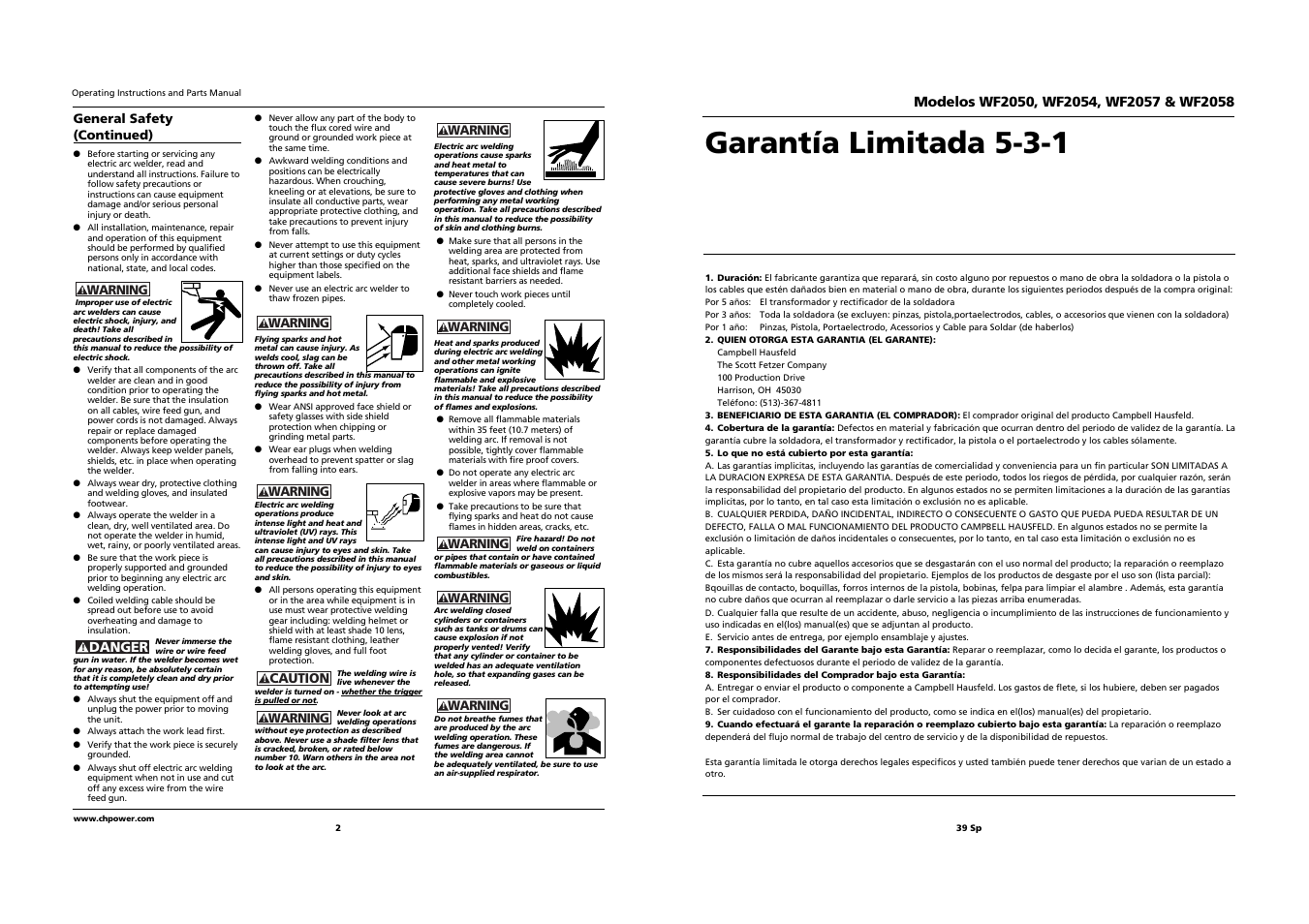 Garantía limitada 5-3-1, Danger | Campbell Hausfeld WF2058 User Manual | Page 2 / 20