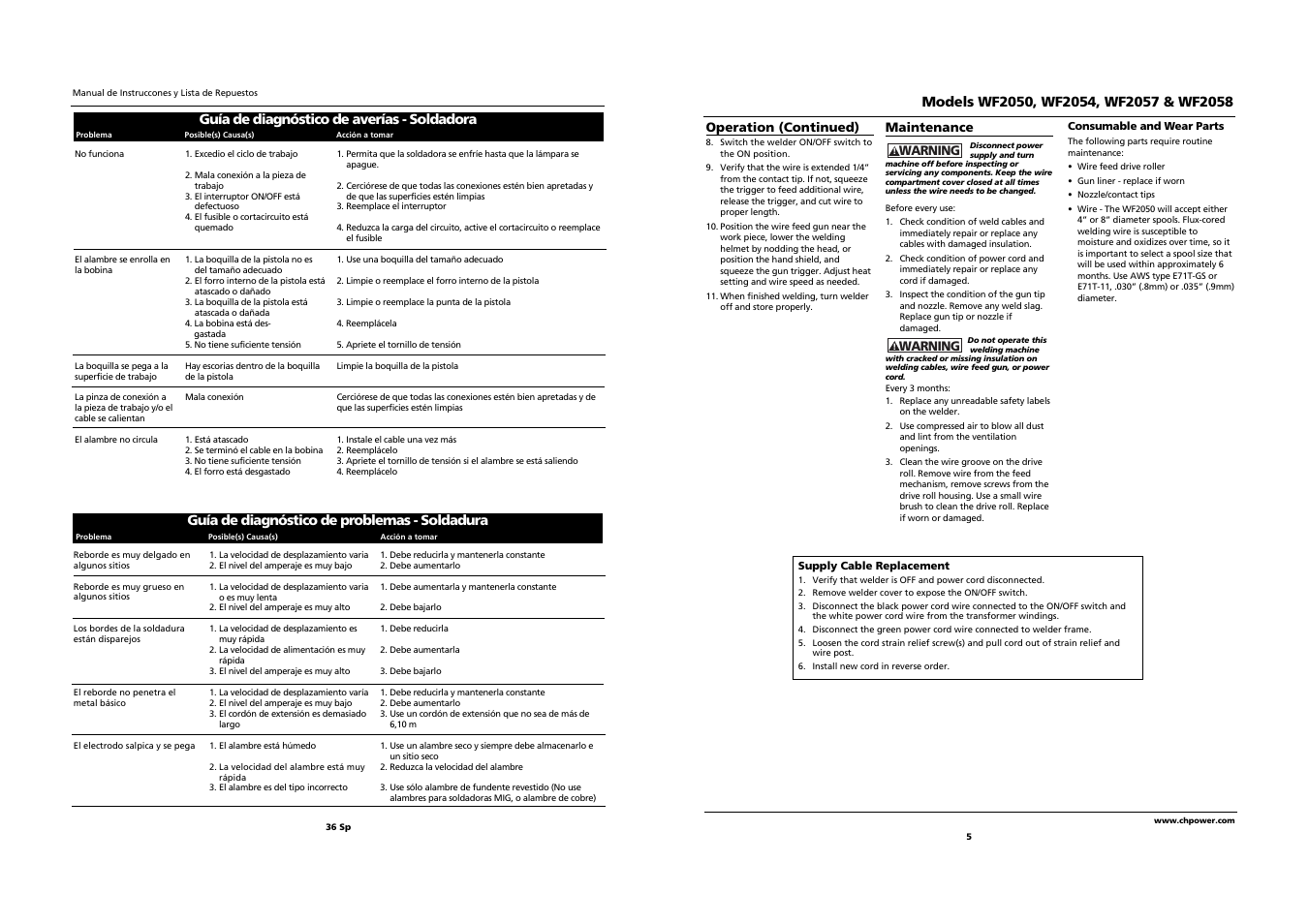 Guía de diagnóstico de averías - soldadora, Guía de diagnóstico de problemas - soldadura | Campbell Hausfeld WF2058 User Manual | Page 5 / 20
