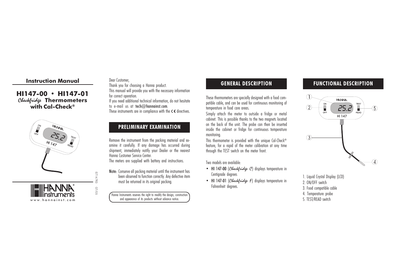 Hanna Instruments HI 147 User Manual | 2 pages