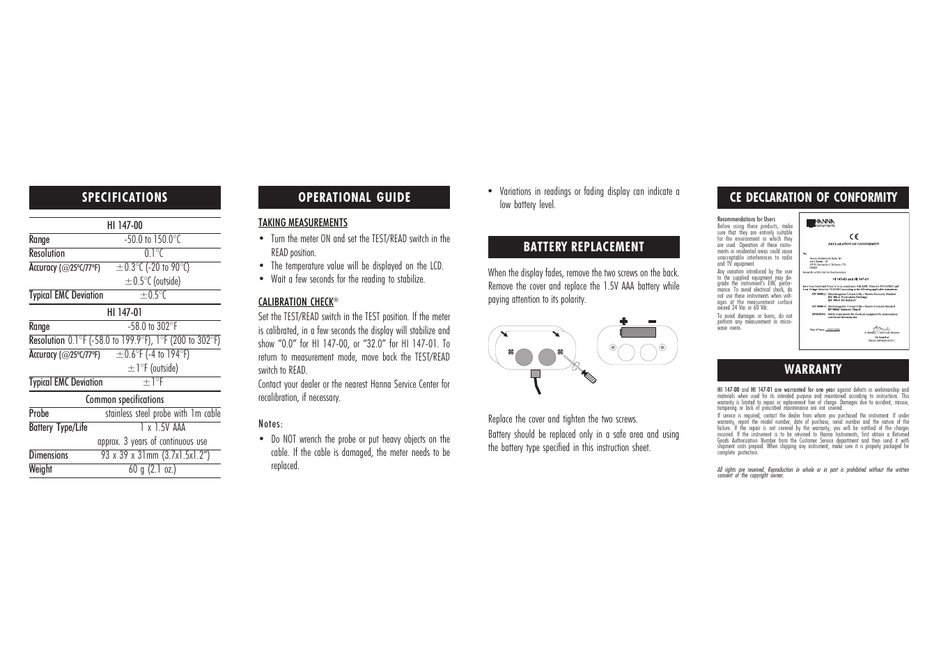 Specifications, Operational guide battery replacement, Ce declaration of conformity | Warranty | Hanna Instruments HI 147 User Manual | Page 2 / 2