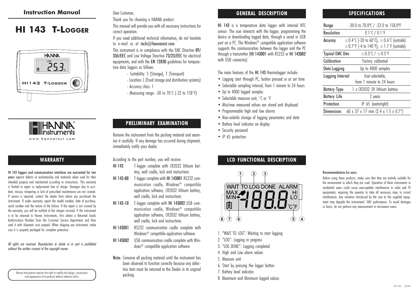 Hanna Instruments HI 143 User Manual | 2 pages