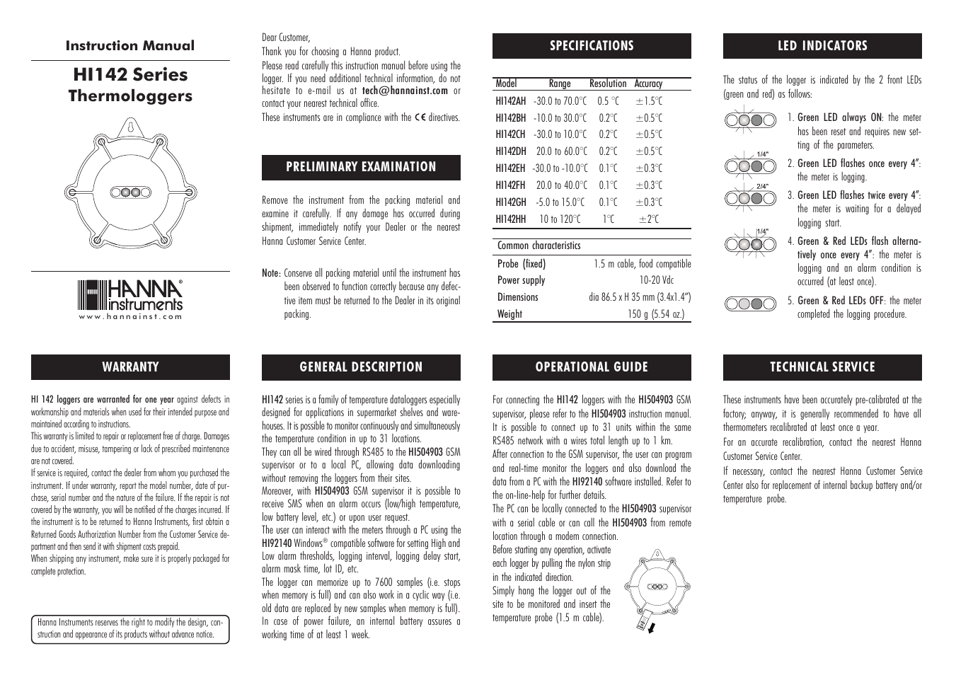 Hanna Instruments HI 142 Series User Manual | 2 pages