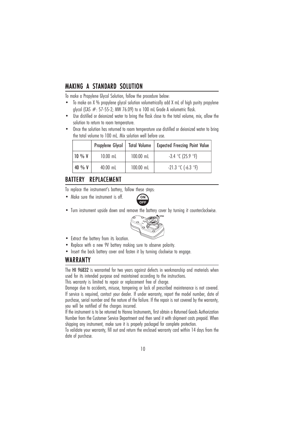 Warranty, Making a standard solution, Battery replacement | Hanna Instruments HI 96832 User Manual | Page 10 / 12
