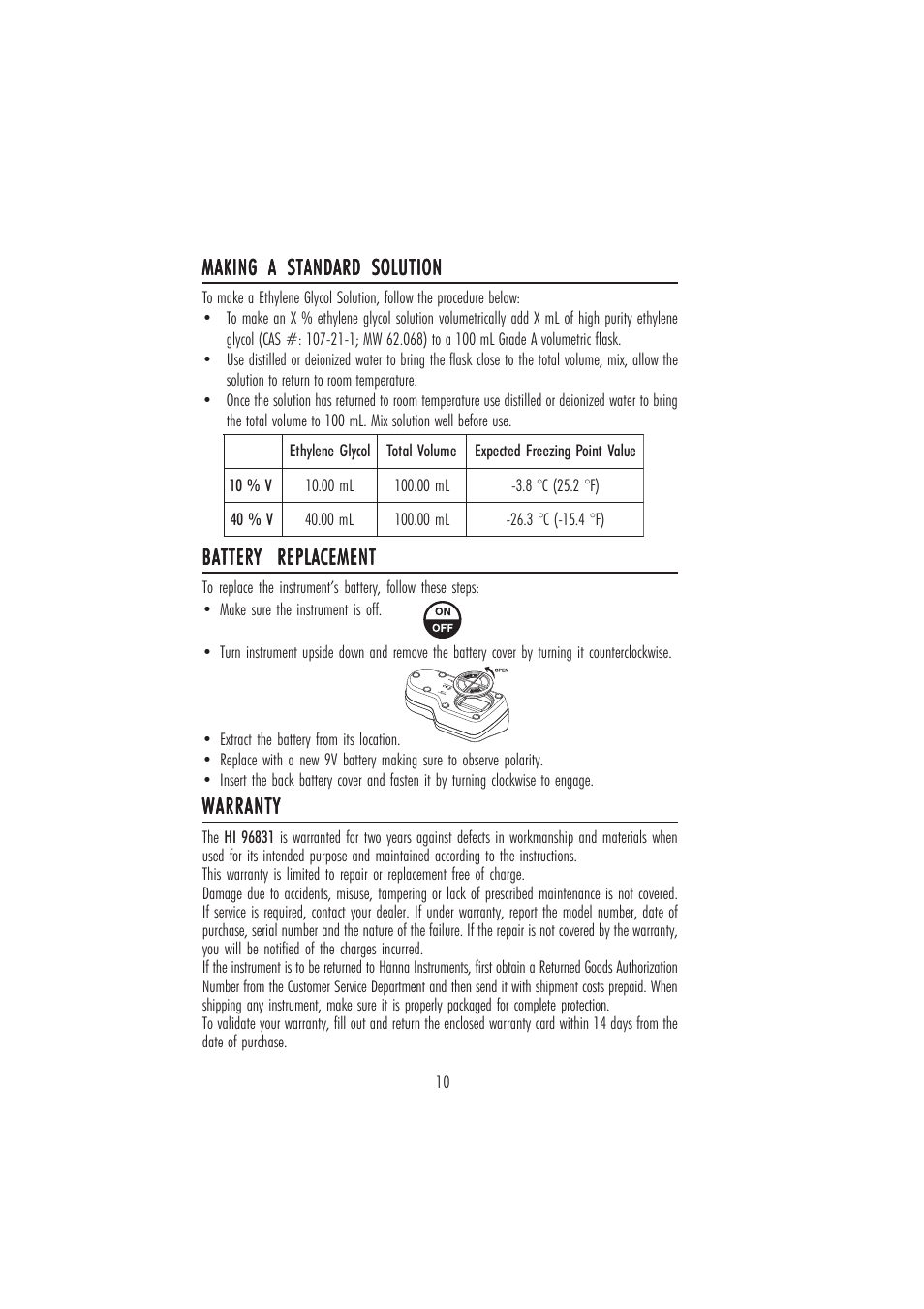 Warranty, Making a standard solution, Battery replacement | Hanna Instruments HI 96831 User Manual | Page 10 / 12