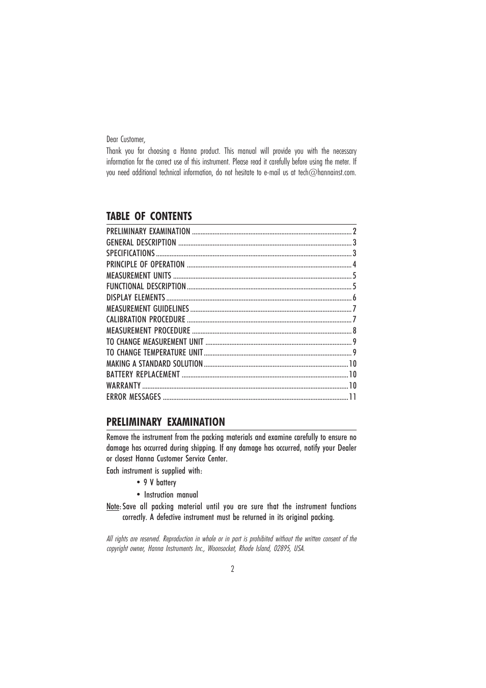 Table of contents preliminary examination | Hanna Instruments HI 96831 User Manual | Page 2 / 12