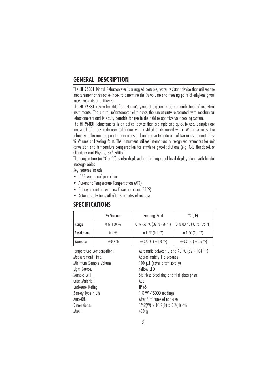 General description specifications | Hanna Instruments HI 96831 User Manual | Page 3 / 12