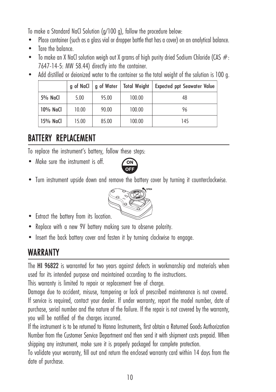 Warranty, Battery replacement | Hanna Instruments HI 96822 User Manual | Page 10 / 12