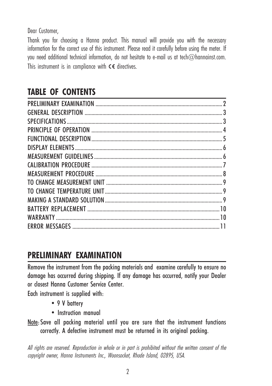 Table of contents preliminary examination | Hanna Instruments HI 96822 User Manual | Page 2 / 12