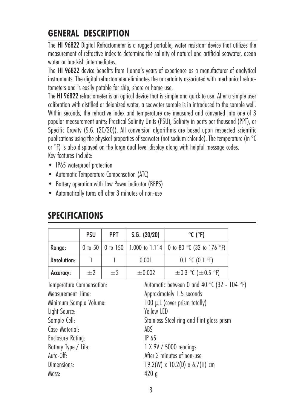 General description specifications | Hanna Instruments HI 96822 User Manual | Page 3 / 12