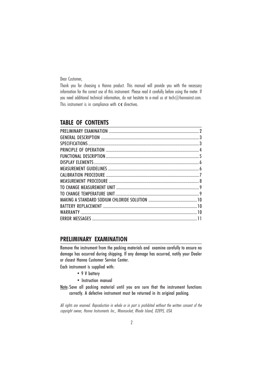 Table of contents preliminary examination | Hanna Instruments HI 96821 User Manual | Page 2 / 12