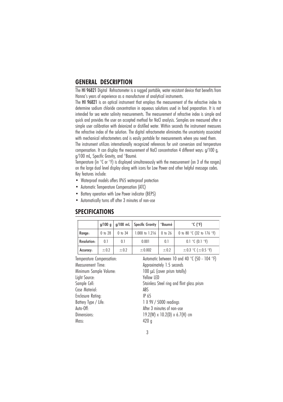 General description specifications | Hanna Instruments HI 96821 User Manual | Page 3 / 12