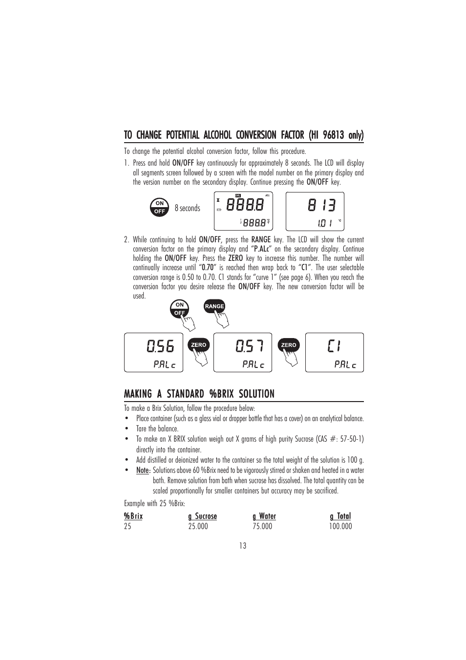 Making a standard %brix solution | Hanna Instruments HI 96811 User Manual | Page 13 / 16