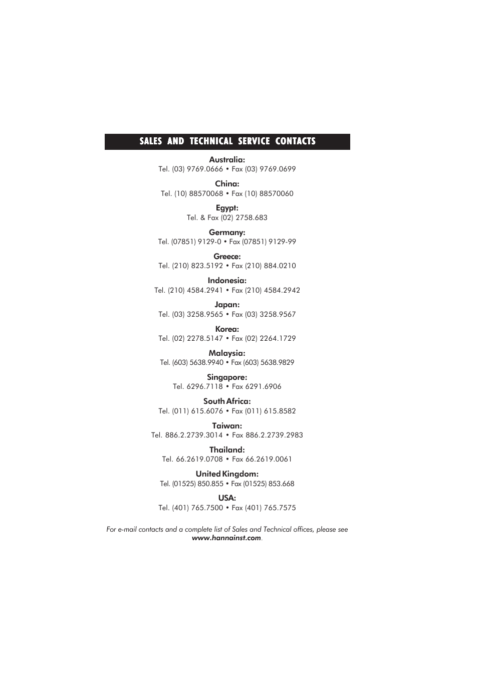 Sales and technical service contacts | Hanna Instruments HI 96811 User Manual | Page 16 / 16
