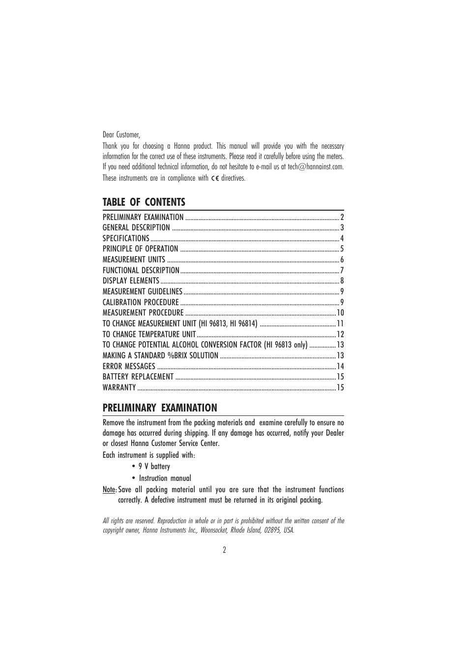 Table of contents preliminary examination | Hanna Instruments HI 96811 User Manual | Page 2 / 16
