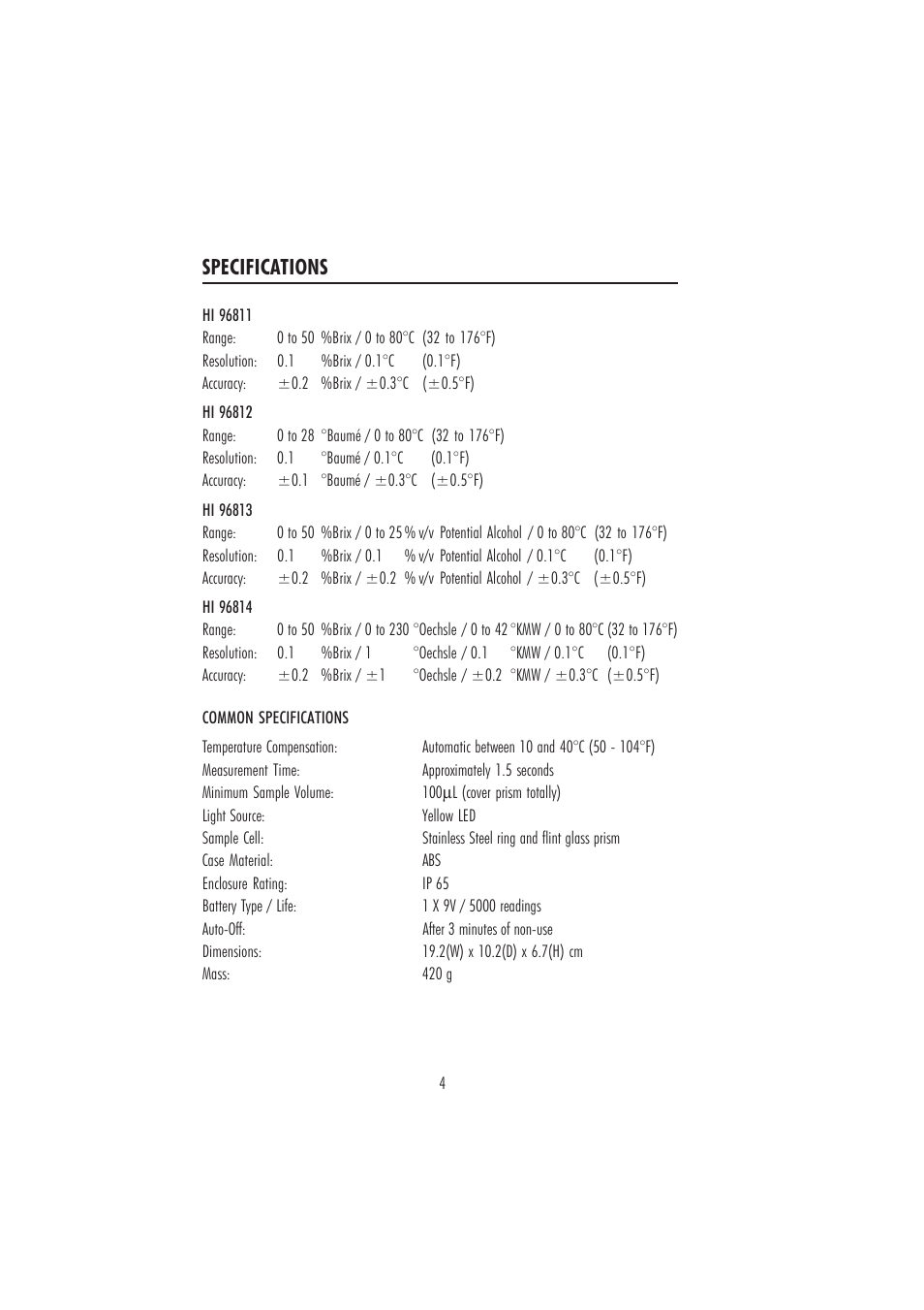 Specifications | Hanna Instruments HI 96811 User Manual | Page 4 / 16