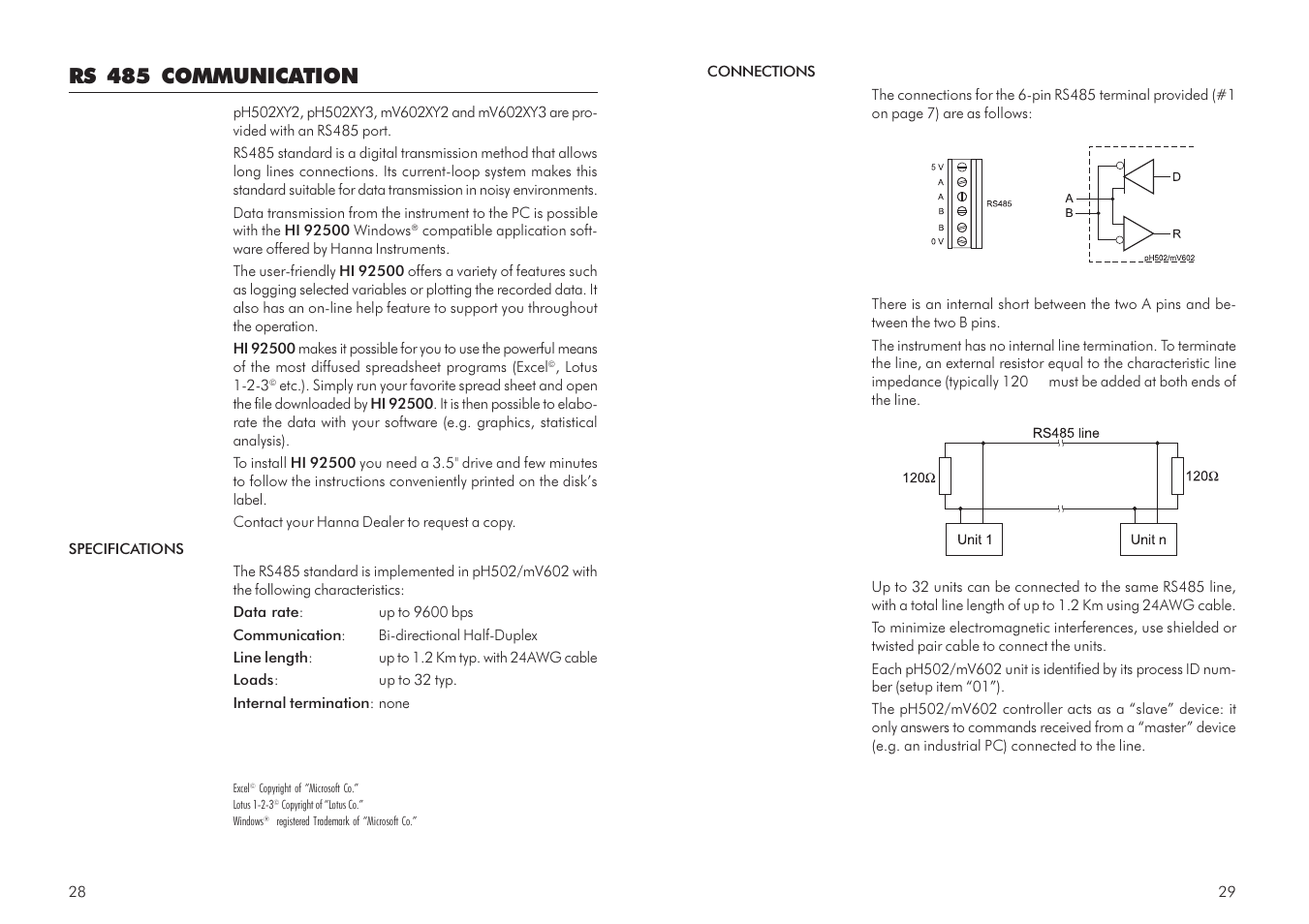 Rs 485 communication | Hanna Instruments mV 602 Series User Manual | Page 15 / 37