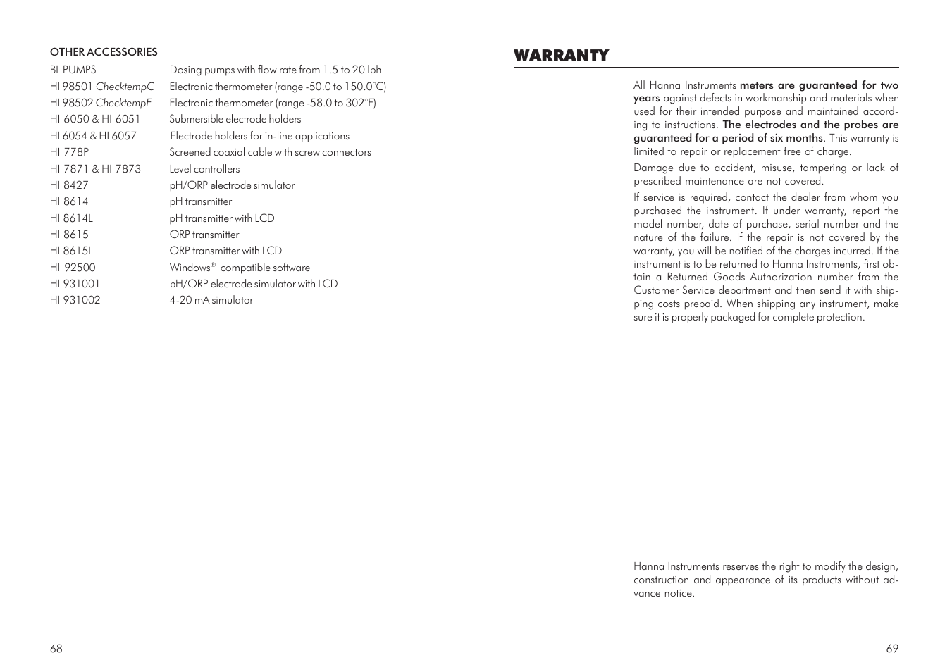 Warranty | Hanna Instruments mV 602 Series User Manual | Page 35 / 37