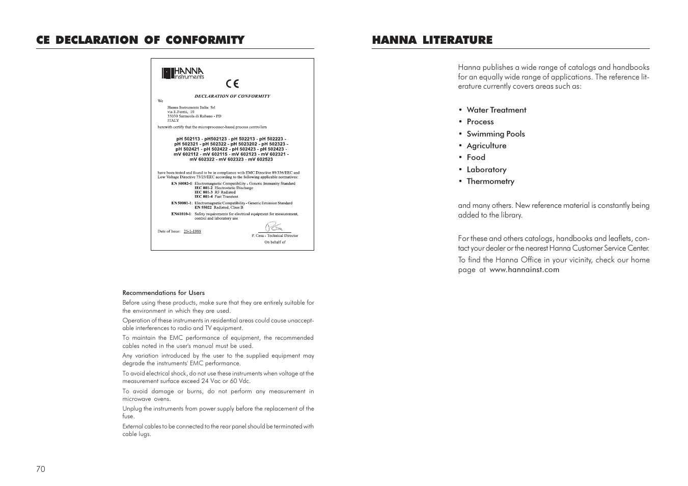 Hanna literature, Ce declaration of conformity | Hanna Instruments mV 602 Series User Manual | Page 36 / 37