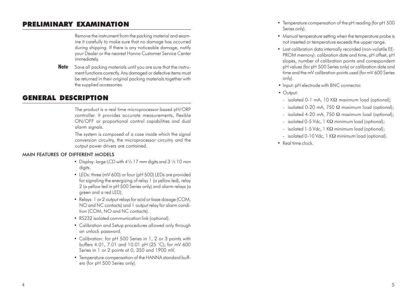 Preliminary examination, General description | Hanna Instruments mV 600 Series User Manual | Page 3 / 33