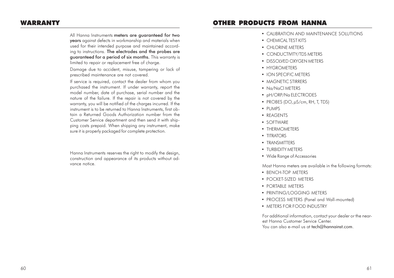 Other products from hanna, Warranty | Hanna Instruments mV 600 Series User Manual | Page 31 / 33
