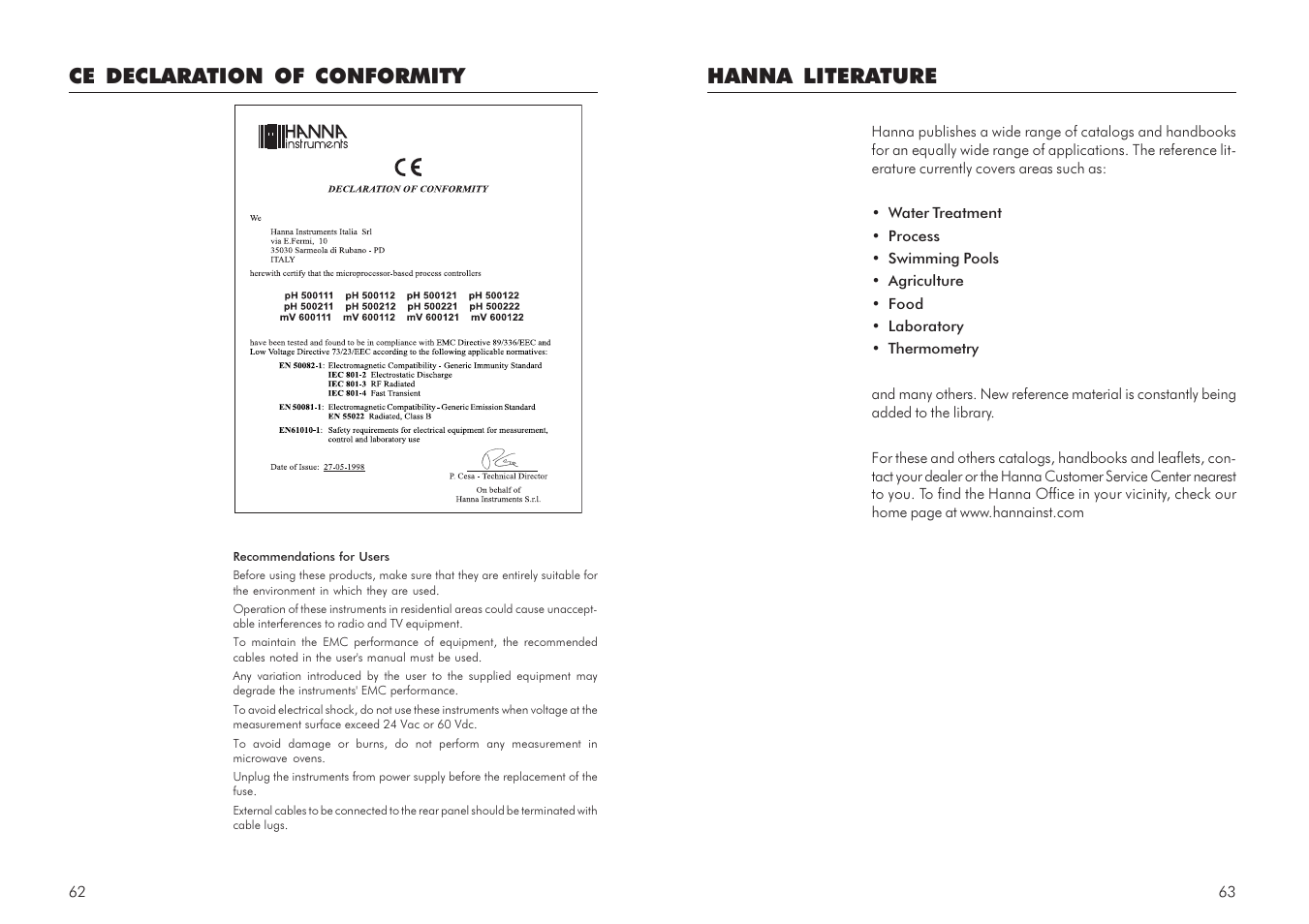 Ce declaration of conformity, Hanna literature | Hanna Instruments mV 600 Series User Manual | Page 32 / 33