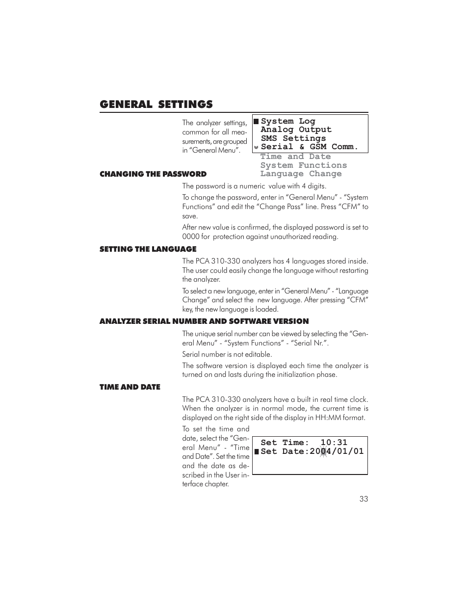 General settings | Hanna Instruments PCA 310 User Manual | Page 33 / 76
