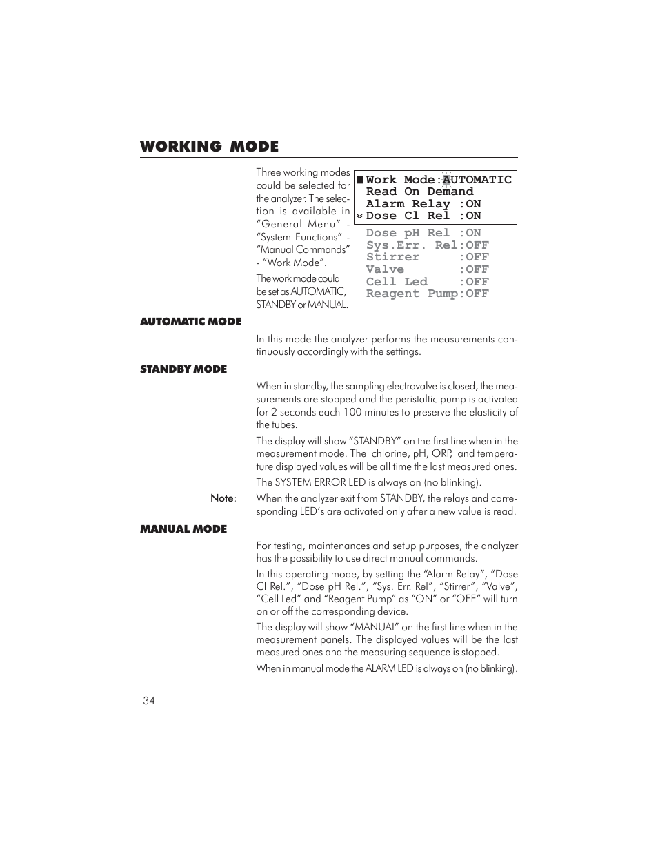 Working mode | Hanna Instruments PCA 310 User Manual | Page 34 / 76