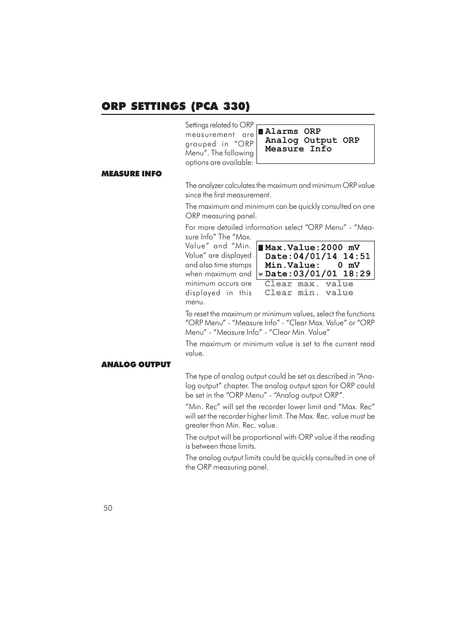Orp settings (pca 330) | Hanna Instruments PCA 310 User Manual | Page 50 / 76