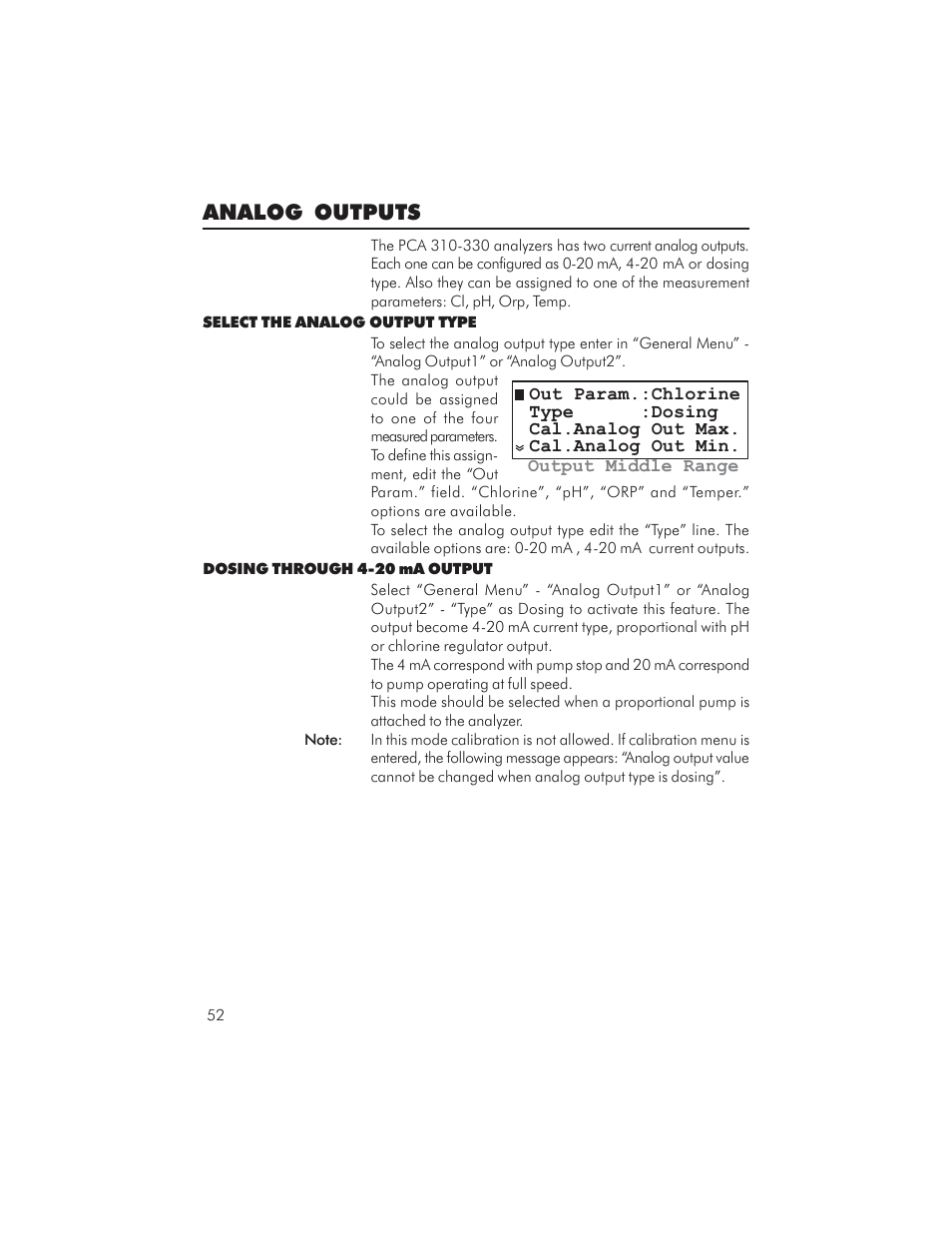 Analog outputs | Hanna Instruments PCA 310 User Manual | Page 52 / 76