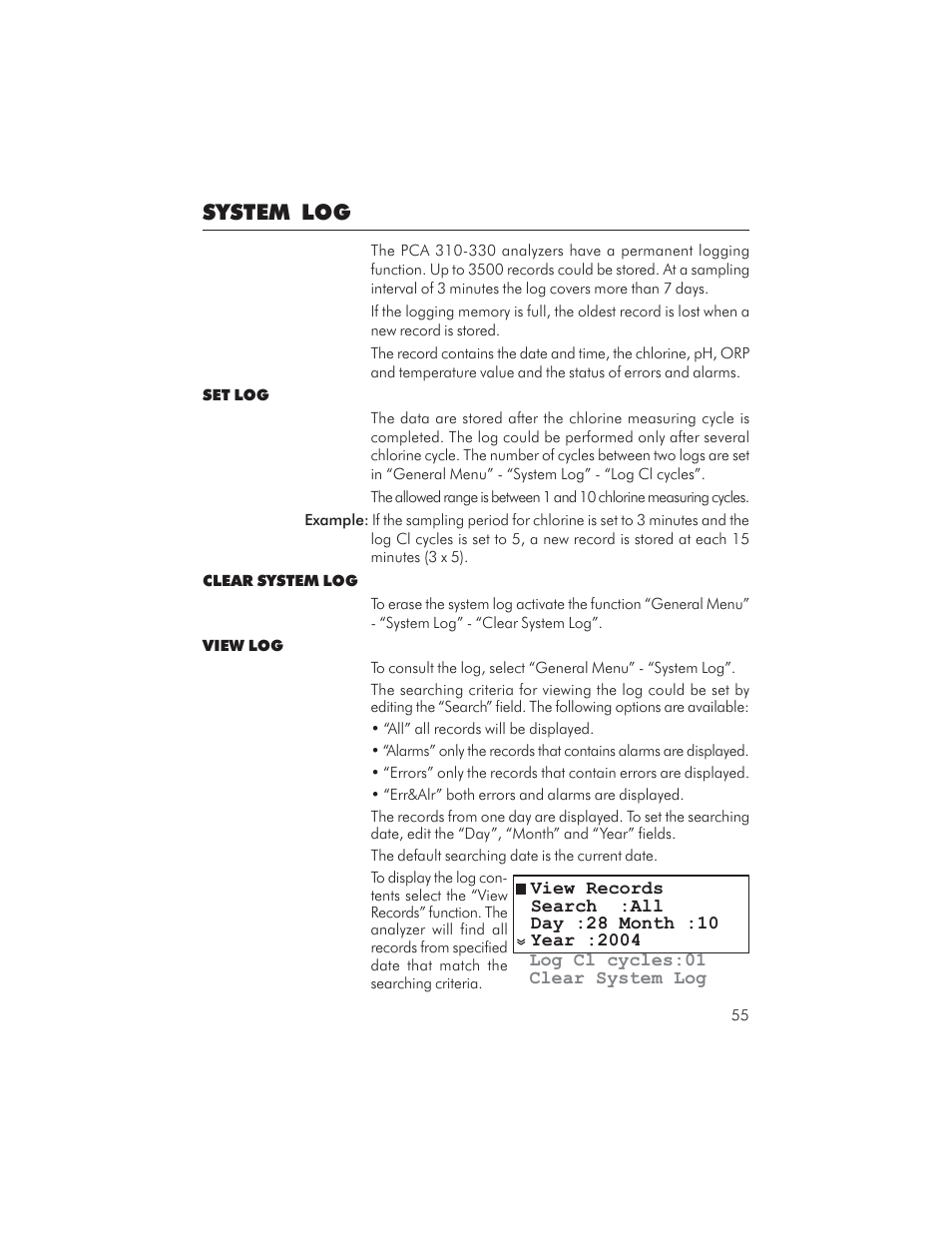 System log | Hanna Instruments PCA 310 User Manual | Page 55 / 76